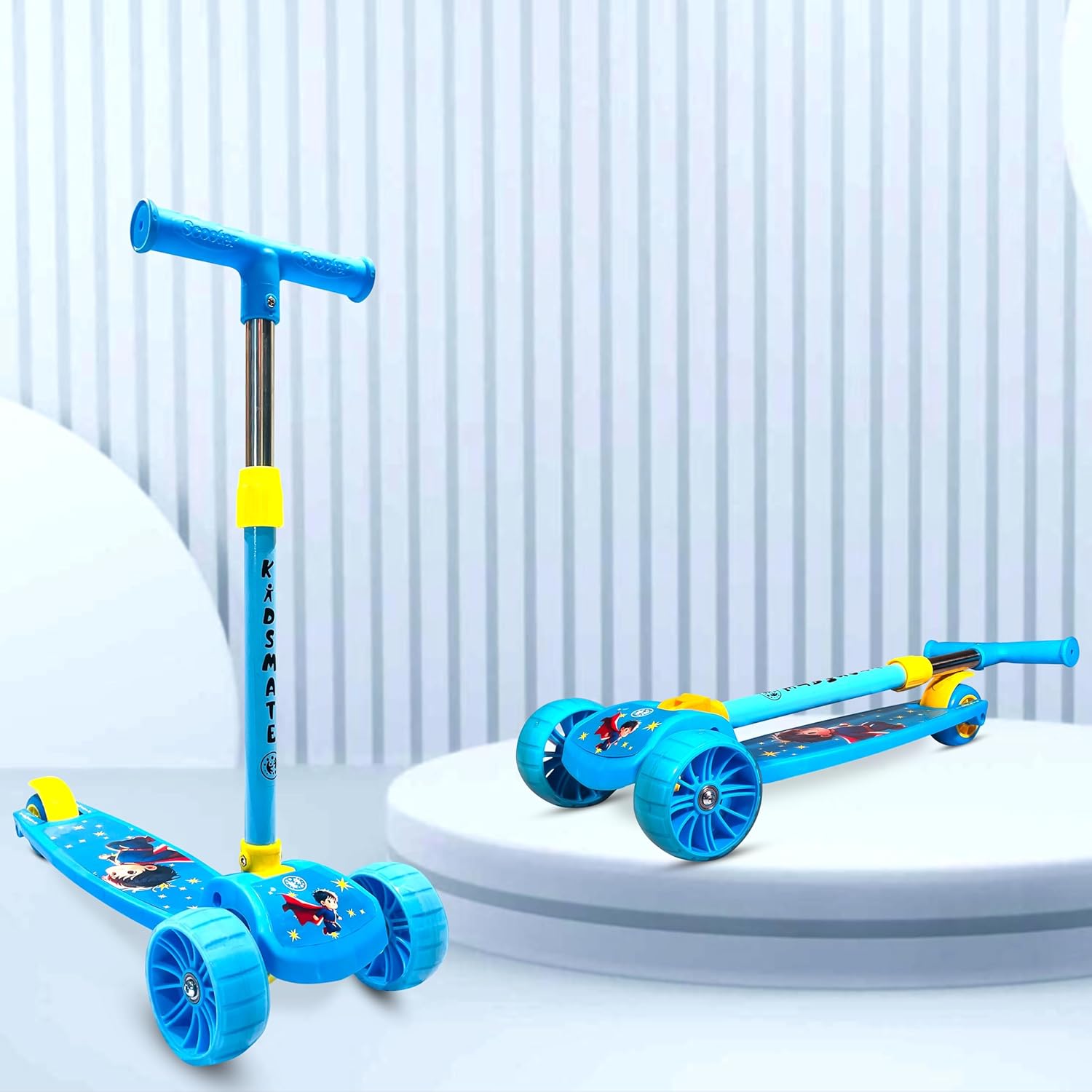 "Vibrant blue Kidsmate Rider Pro Kick Scooter, a stable 3-wheel design with wide, glowing PU LED wheels for children aged 2 to 12 years. This durable scooter is great for both boys and girls learning to skate, promoting balance and outdoor play. Available at Usmile Toys." www.usmile.toys