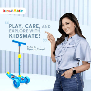 "Vibrant blue Kidsmate Rider Pro Kick Scooter, a stable 3-wheel design with wide, glowing PU LED wheels for children aged 2 to 12 years. This durable scooter is great for both boys and girls learning to skate, promoting balance and outdoor play. Available at Usmile Toys." www.usmile.toys