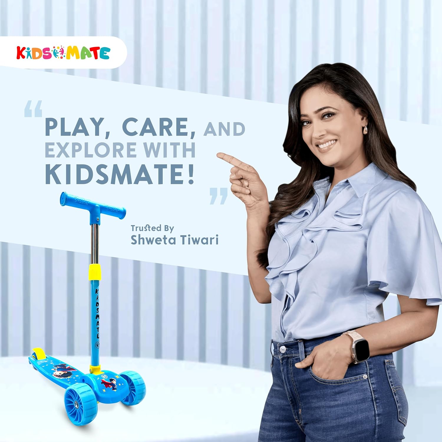 "Vibrant blue Kidsmate Rider Pro Kick Scooter, a stable 3-wheel design with wide, glowing PU LED wheels for children aged 2 to 12 years. This durable scooter is great for both boys and girls learning to skate, promoting balance and outdoor play. Available at Usmile Toys." www.usmile.toys