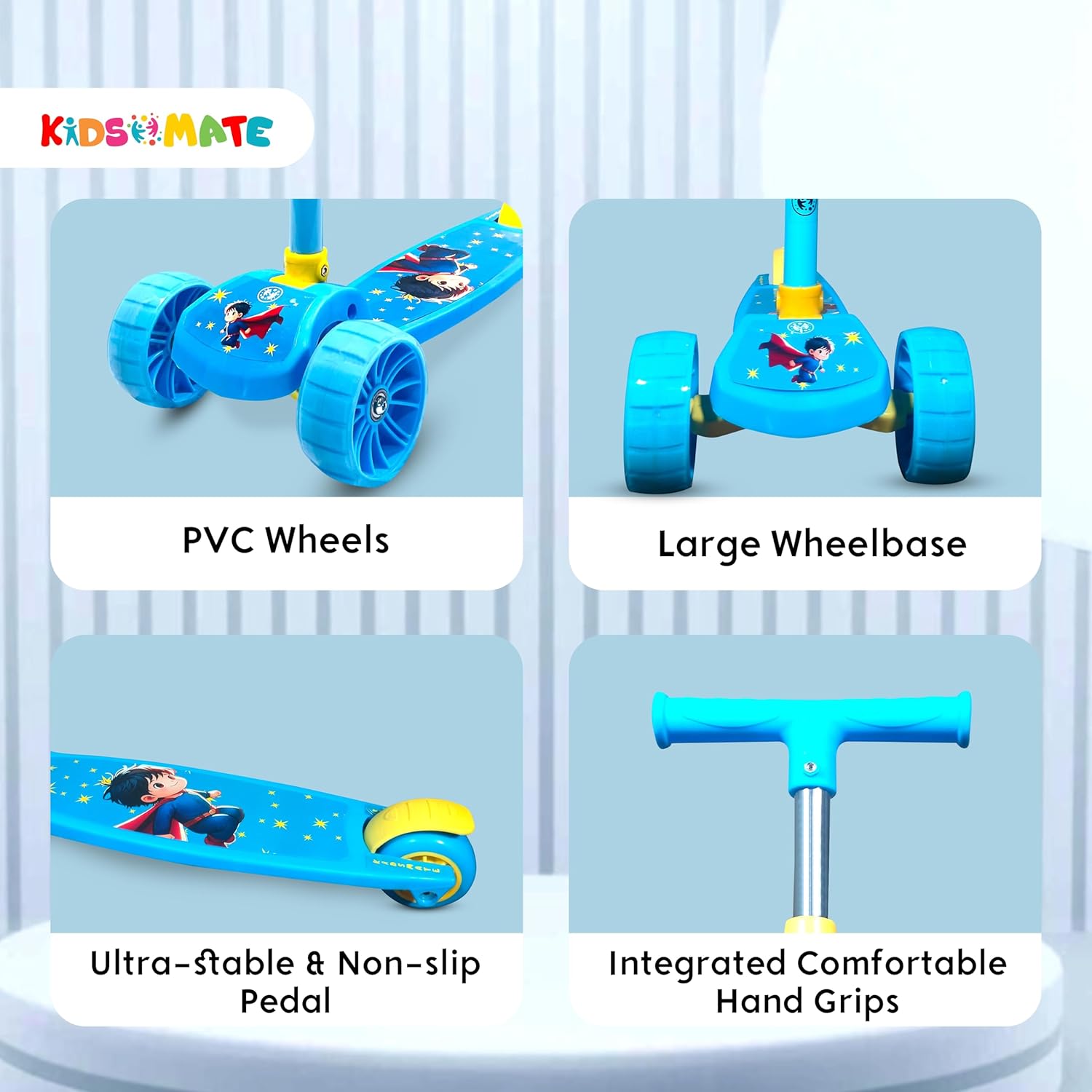 Kidsmate Rider Pro Kick Scooter, blue, 3-wheel LED, 2-12 years. Usmile Toys." www.usmile.toys