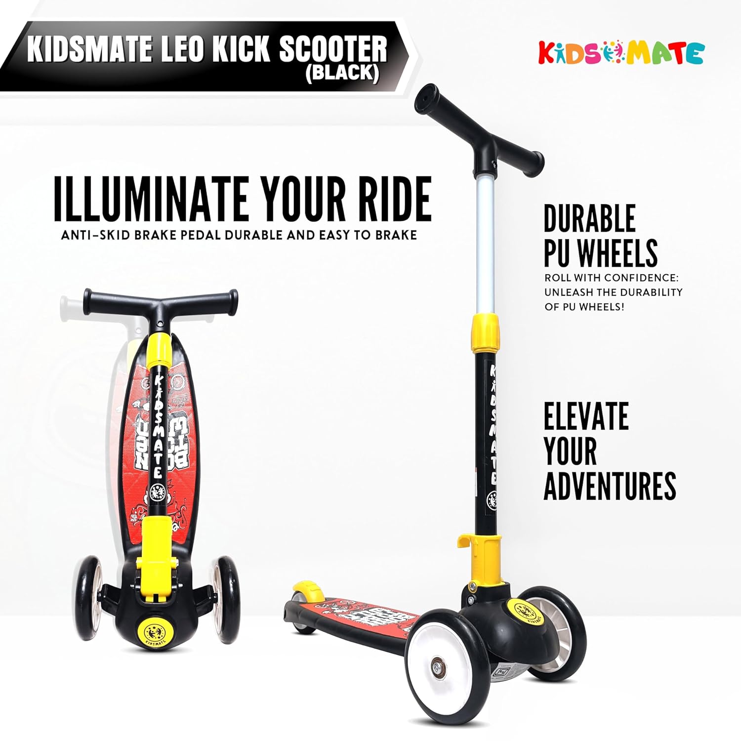 Black Kidsmate Leo 3-wheel Kick Scooter for kids, featuring 3 adjustable heights, durable PVC wheels, and a rear brake for safe, foldable fun. Usmile Toys." www.usmile.toys