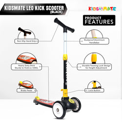 
Black Kidsmate Leo 3-wheel Kick Scooter for kids, featuring 3 adjustable heights, durable PVC wheels, and a rear brake for safe, foldable fun. Usmile Toys." www.usmile.toys
