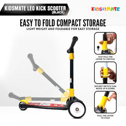 Kidsmate Leo Kick Scooter in black, designed for kids with 3 adjustable height settings, broad PVC wheels, and a reliable rare brake. Its foldable design makes storage and transport easy."
