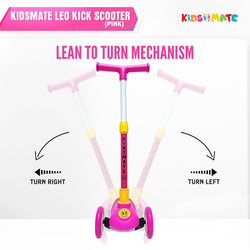 Kidsmate Leo Kick Scooter in black, designed for kids with 3 adjustable height settings, broad PVC wheels, and a reliable rare brake. Its foldable design makes storage and transport easy." www.usmile.toys www.usmile.toys
