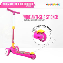 Kidsmate Leo Kick Scooter in black, designed for kids with 3 adjustable height settings, broad PVC wheels, and a reliable rare brake. Its foldable design makes storage and transport easy." www.usmile.toys www.usmile.toys
