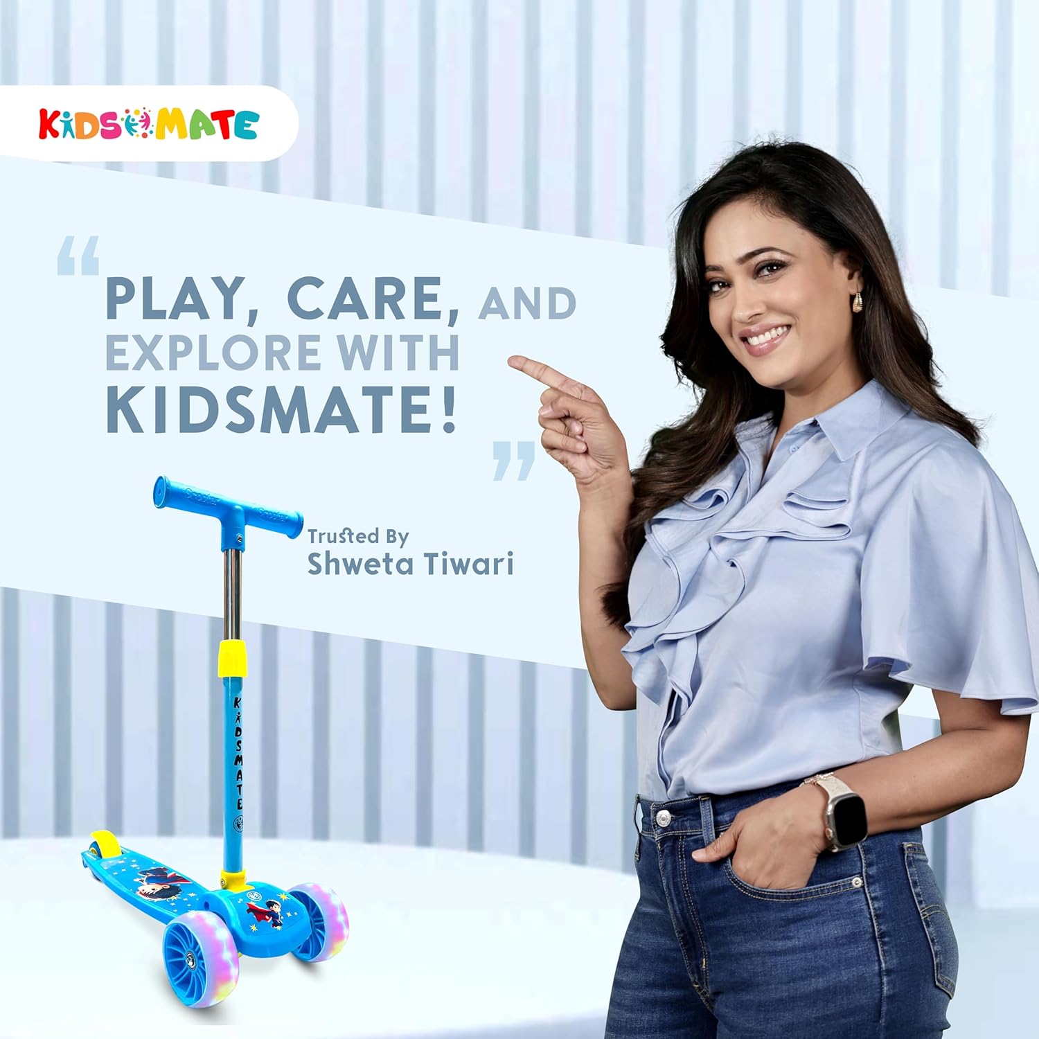 Blue Kidsmate Rider Pro 3-Wheel Kick Scooter with broad PU LED light-up wheels, perfect for boys and girls aged 2-12 years. Enhances balance and motor skills. Usmile Toys.