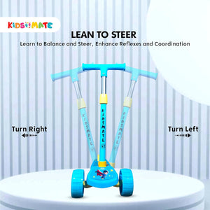 Blue Kidsmate Rider Pro 3-Wheel Kick Scooter with broad PU LED light-up wheels, perfect for boys and girls aged 2-12 years. Enhances balance and motor skills. Usmile Toys." www.usmile.toys 