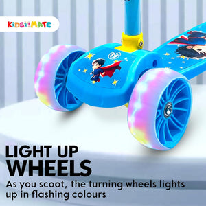 "Kidsmate Rider Pro 3-Wheel Skating Scooter in blue, featuring broad light-up PU LED wheels for extra fun and visibility. Ideal for young riders, boys and girls, from 2 to 12 years old." www.usmile.toys