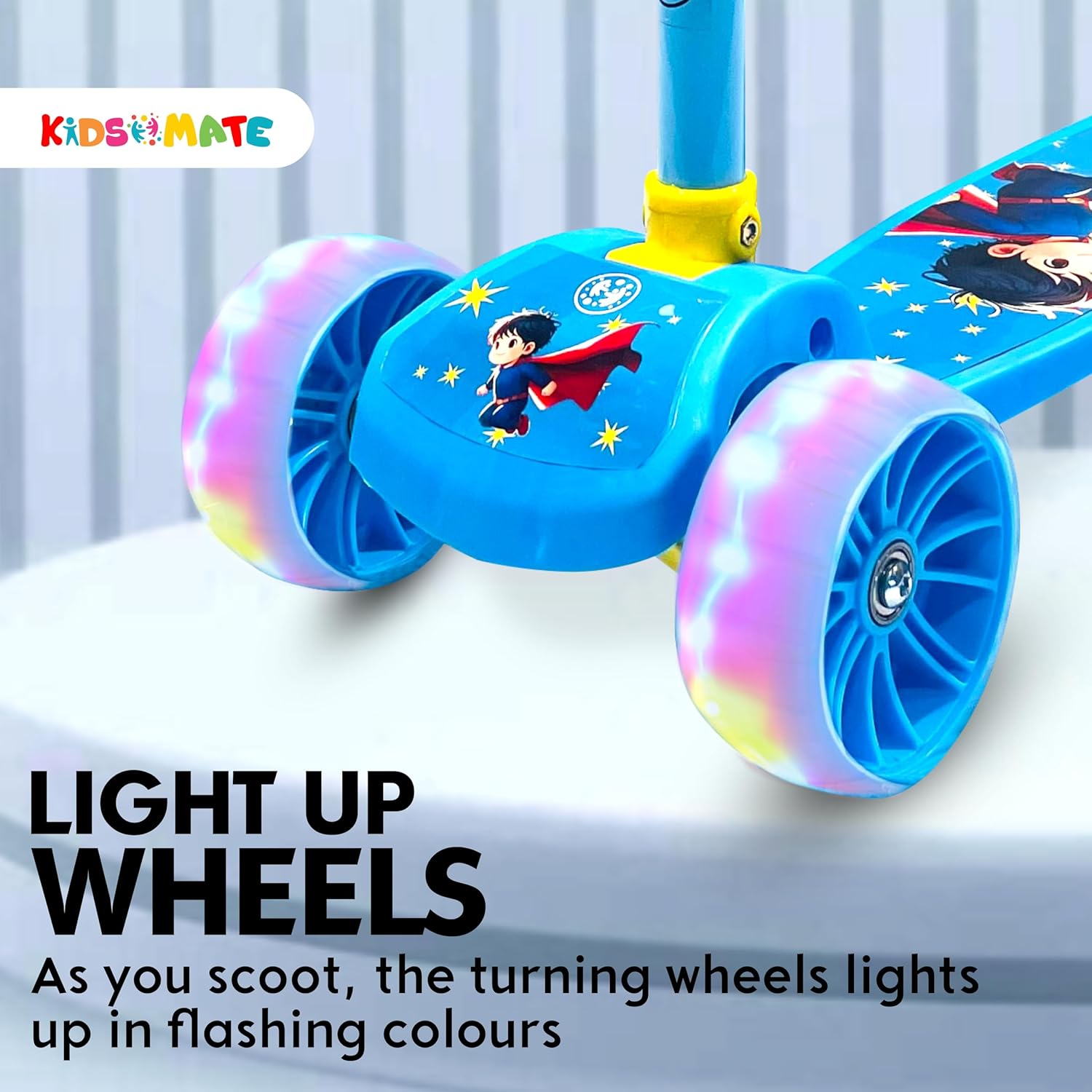 "Kidsmate Rider Pro 3-Wheel Skating Scooter in blue, featuring broad light-up PU LED wheels for extra fun and visibility. Ideal for young riders, boys and girls, from 2 to 12 years old." www.usmile.toys