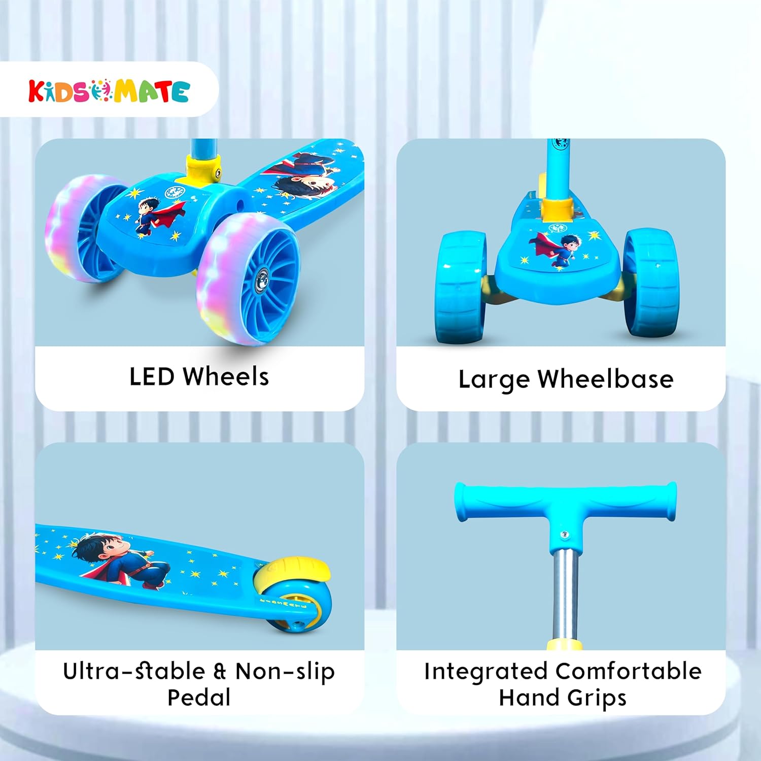 "Kidsmate Rider Pro 3-Wheel Skating Scooter in blue, featuring broad light-up PU LED wheels for extra fun and visibility. Ideal for young riders, boys and girls, from 2 to 12 years old." www.usmile.toys