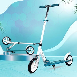 White and teal Kidsmate StreetJet Kick Scooter, suitable for kids aged 6 years and above, also adult scooter, featuring a durable frame and smooth-gliding wheels for outdoor fun. Usmile Toys. www.usmile.toys
