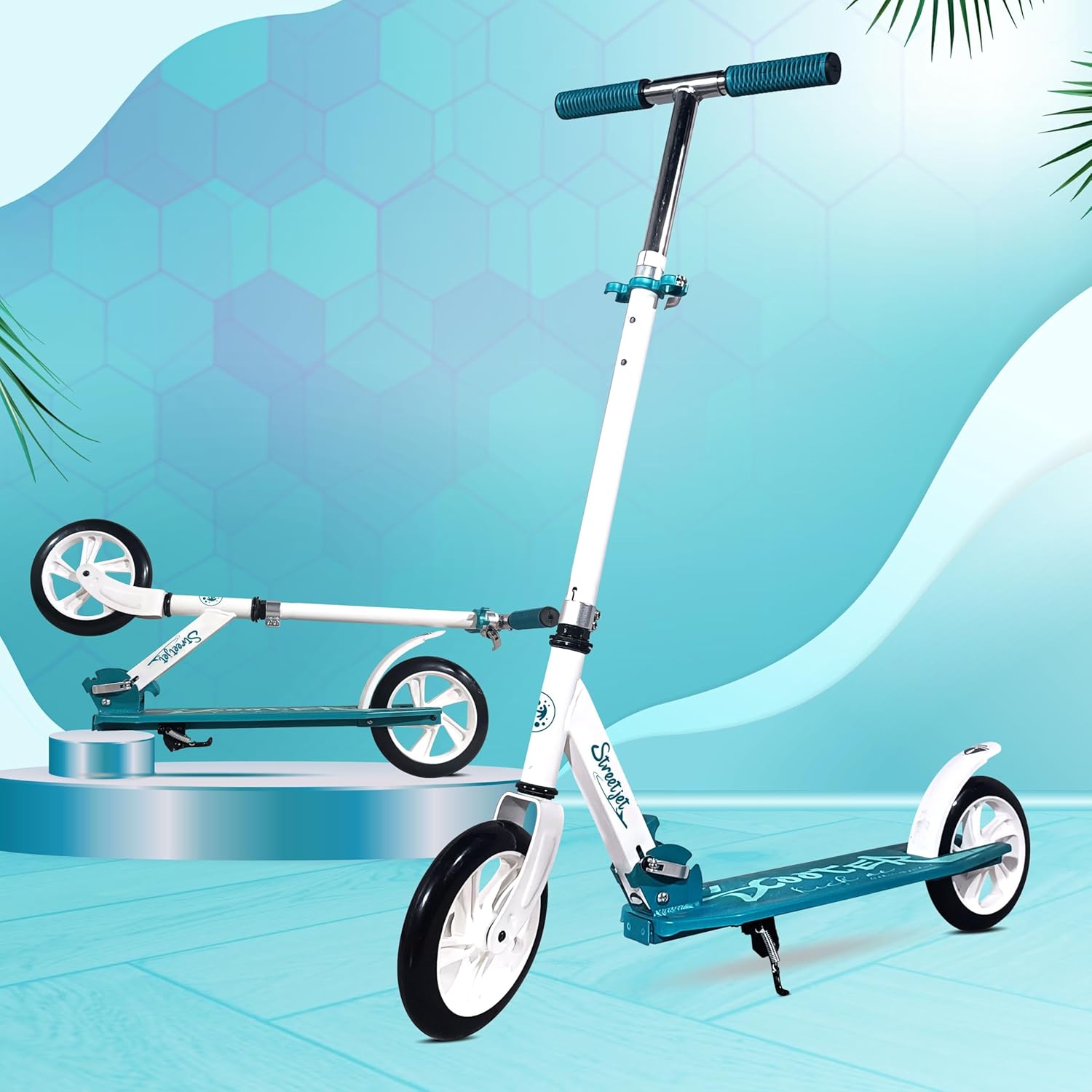 White and teal Kidsmate StreetJet Kick Scooter, suitable for kids aged 6 years and above, also adult scooter, featuring a durable frame and smooth-gliding wheels for outdoor fun. Usmile Toys. www.usmile.toys
