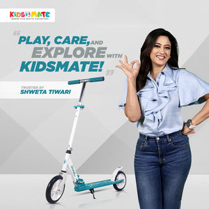 White and teal Kidsmate StreetJet Kick Scooter, suitable for kids aged 6 years and above, also adult scooter, featuring a durable frame and smooth-gliding wheels for outdoor fun. Usmile Toys. www.usmile.toys 