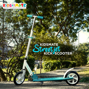 White and teal Kidsmate StreetJet Kick Scooter, suitable for kids aged 6 years and above, also adult scooter, featuring a durable frame and smooth-gliding wheels for outdoor fun. Usmile Toys. www.usmile.toys