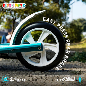 Kidsmate StreetJet Kick Scooter for children and adults aged 6 and up, in a stylish white and teal color. This versatile scooter offers a comfortable ride for both daily commutes and recreational use." www.usmile.toys
