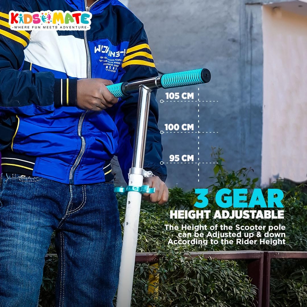 Kidsmate StreetJet Kick Scooter for children and adults aged 6 and up, in a stylish white and teal color. This versatile scooter offers a comfortable ride for both daily commutes and recreational use." www.usmile.toys 