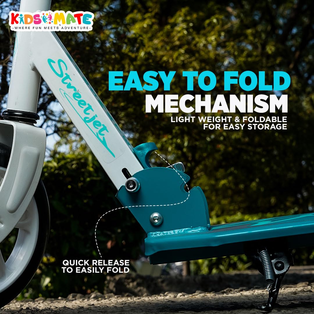 "High-performance Kidsmate StreetJet Kick Scooter, ideal for ages 6 years and above, including both kids and adults. This sturdy scooter boasts a sleek white and teal design, large wheels for stability, and is perfect for street use and outdoor adventures. Available at Usmile Toys." www.usmile.toys