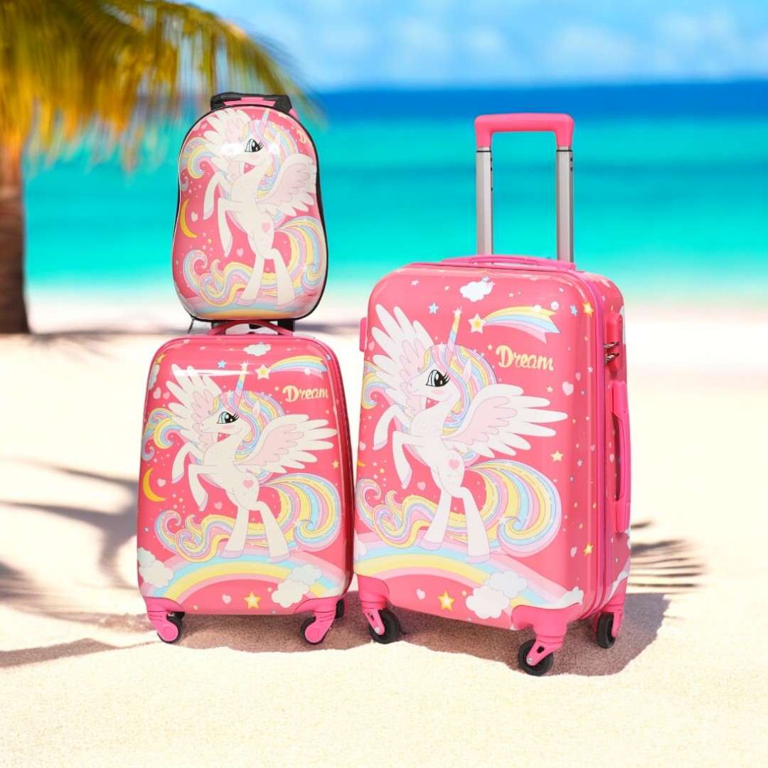 Pink unicorn kids travel luggage 3 piece combo set, including a backpack, small trolley, and large trolley bag. Perfect children's travel bags for www.usmile.toys