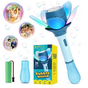 Bubble wand with packaging, battery, and additional accessories. www.usmile.toys