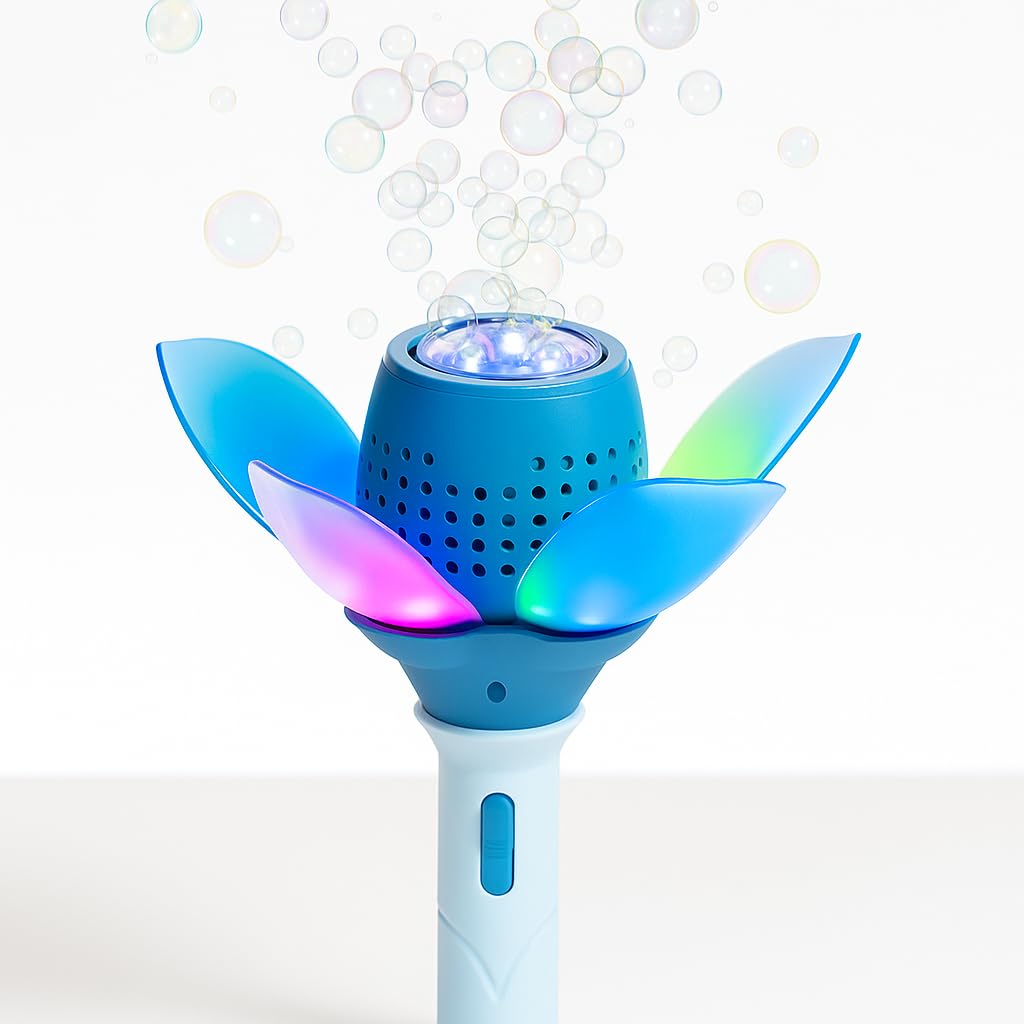 Colorful bubble machine with glowing blue and pink petal. www.usmile.toys