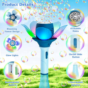 Bubble machine with features highlighted on a blue background with bubbles. www.usmile.toys