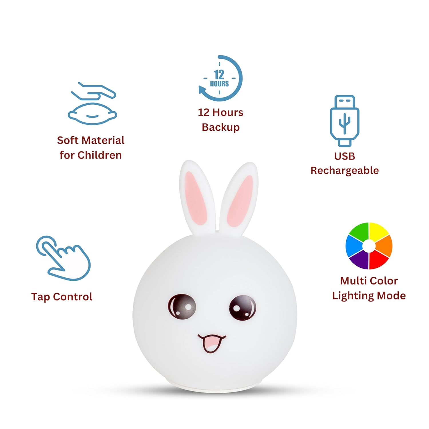 Cute white silicone rabbit night light with pink ears and an adorable face, glowing softly. In the background, two more rabbit lamps glow blue and orange, showcasing the color-changing feature. Perfect as a bedside lamp or nursery decor for kids and adults, providing comforting illumination. www.usmile.com