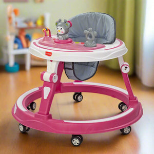 Pink and white LuvLap 360° Joy baby walker with height adjustment and activity tray. www.usmile.toys