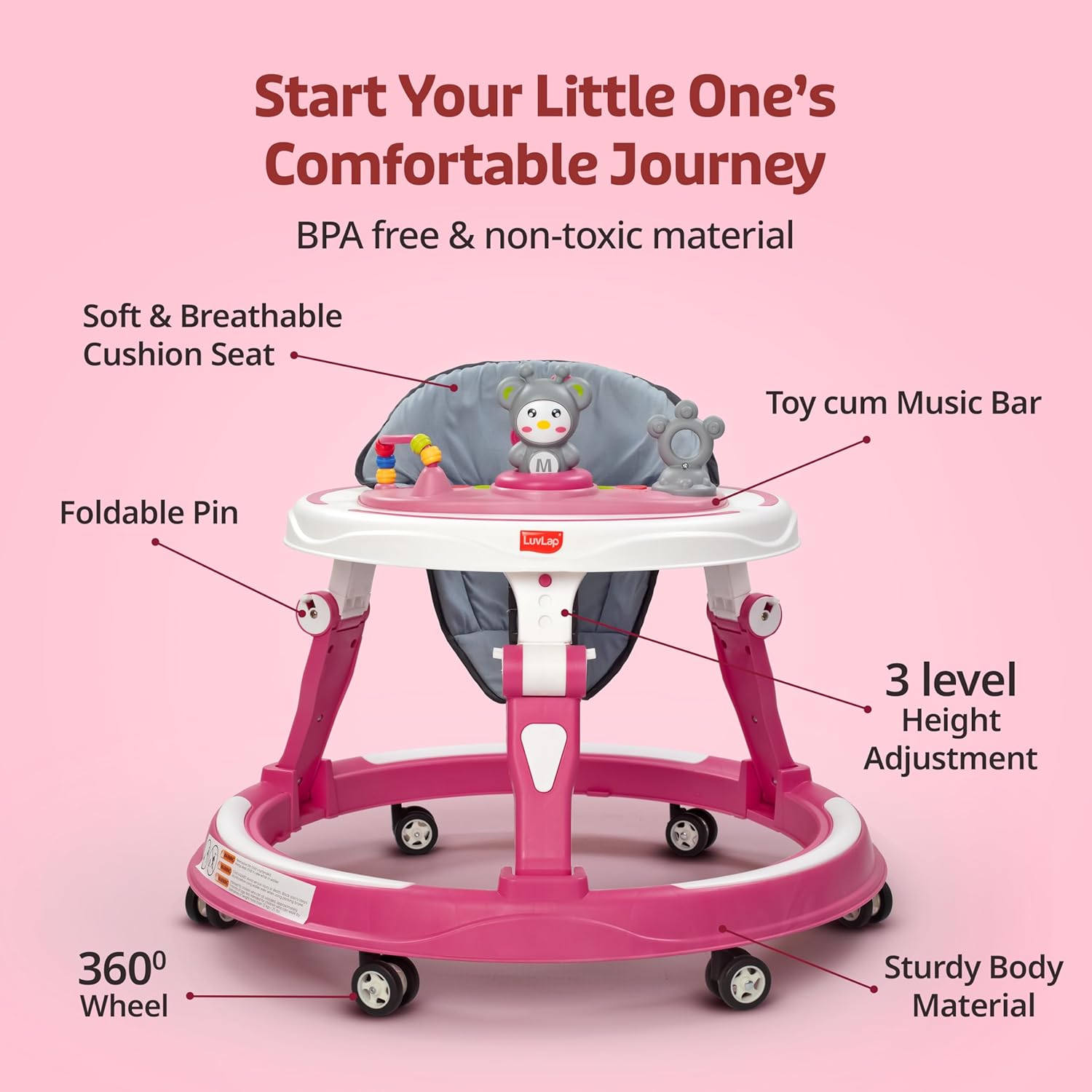 Pink and white LuvLap 360° Joy baby walker with height adjustment and activity tray. www.usmile.toys