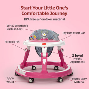 Pink and white LuvLap 360° Joy baby walker with height adjustment and activity tray. www.usmile.toys