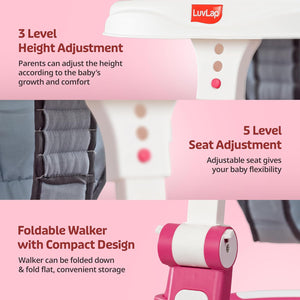 Pink and white LuvLap 360° Joy baby walker with height adjustment and activity tray. www.usmile.toys