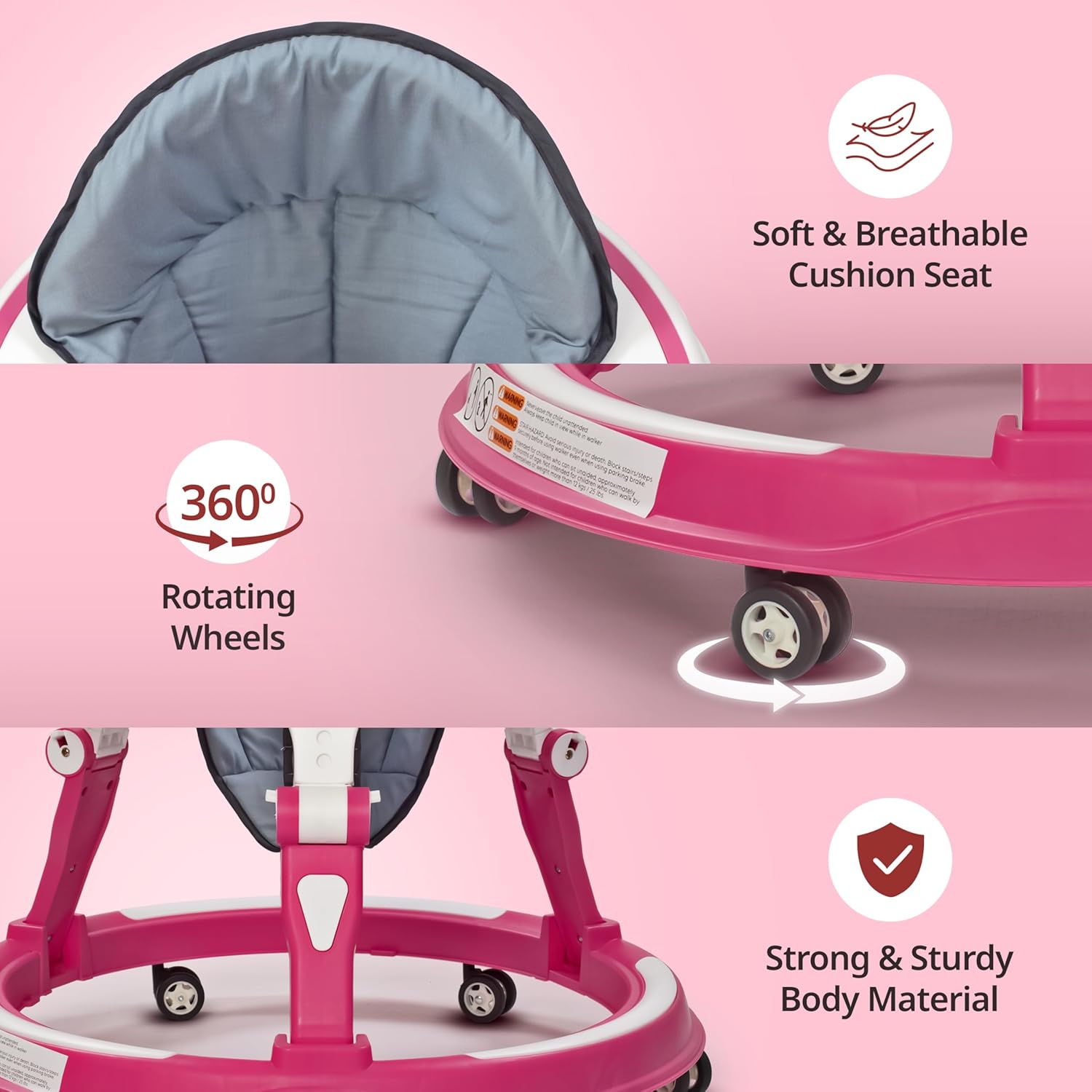 LuvLap 360° Joy baby walker in pink and white, featuring a comfortable gray padded seat, multi-level height adjustment, and engaging toys on the activity tray for infants 9+ months.  www.usmile.toys