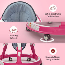 LuvLap 360° Joy baby walker in pink and white, featuring a comfortable gray padded seat, multi-level height adjustment, and engaging toys on the activity tray for infants 9+ months.  www.usmile.toys