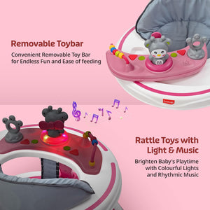 LuvLap 360° Joy baby walker in pink and white, featuring a comfortable gray padded seat, multi-level height adjustment, and engaging toys on the activity tray for infants 9+ months.  www.usmile.toys