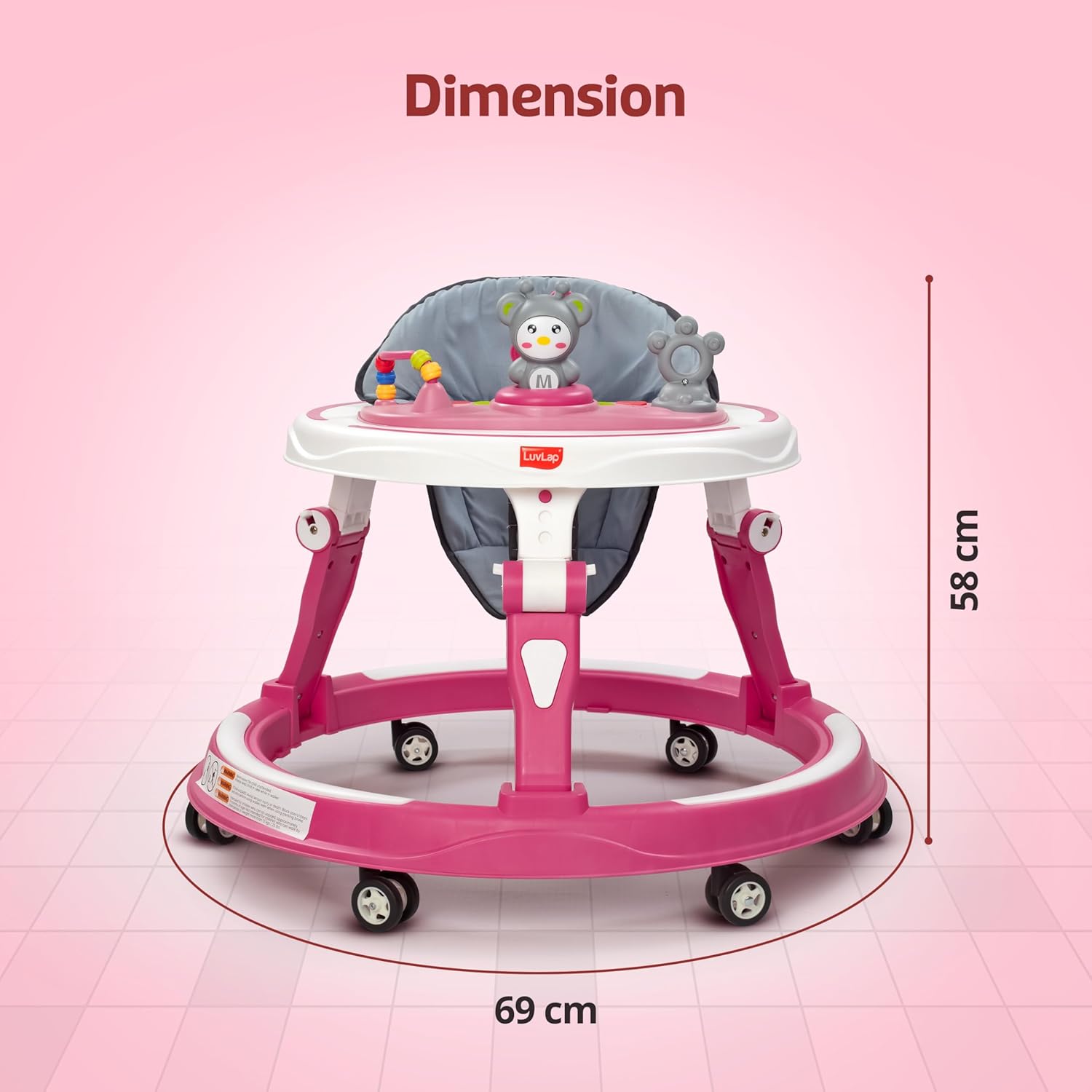 LuvLap 360° Joy baby walker in pink and white, featuring a comfortable gray padded seat, multi-level height adjustment, and engaging toys on the activity tray for infants 9+ months.  www.usmile.toys