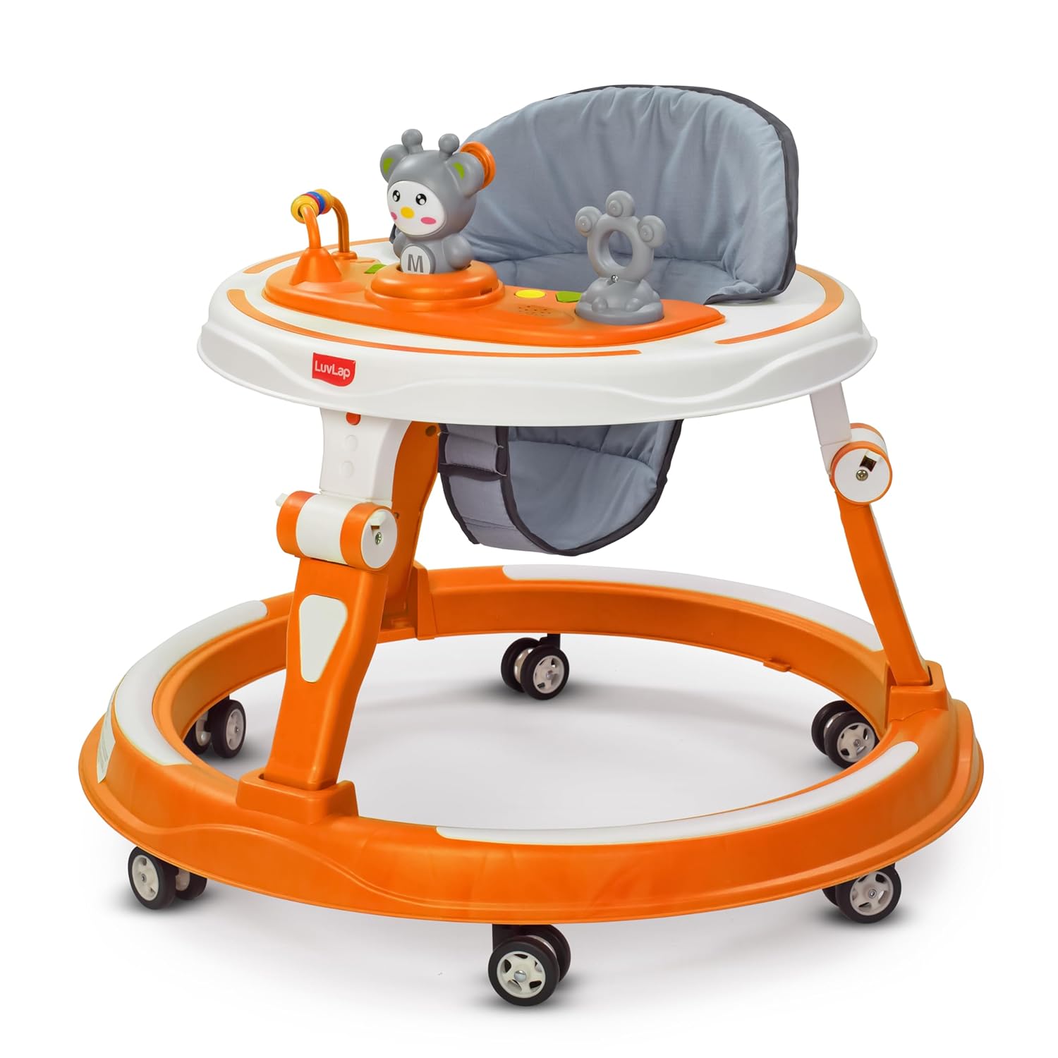 LuvLap 360° Joy orange and white baby walker for infants 9+ months, featuring a gray padded seat and interactive toys. www.usmile.toys