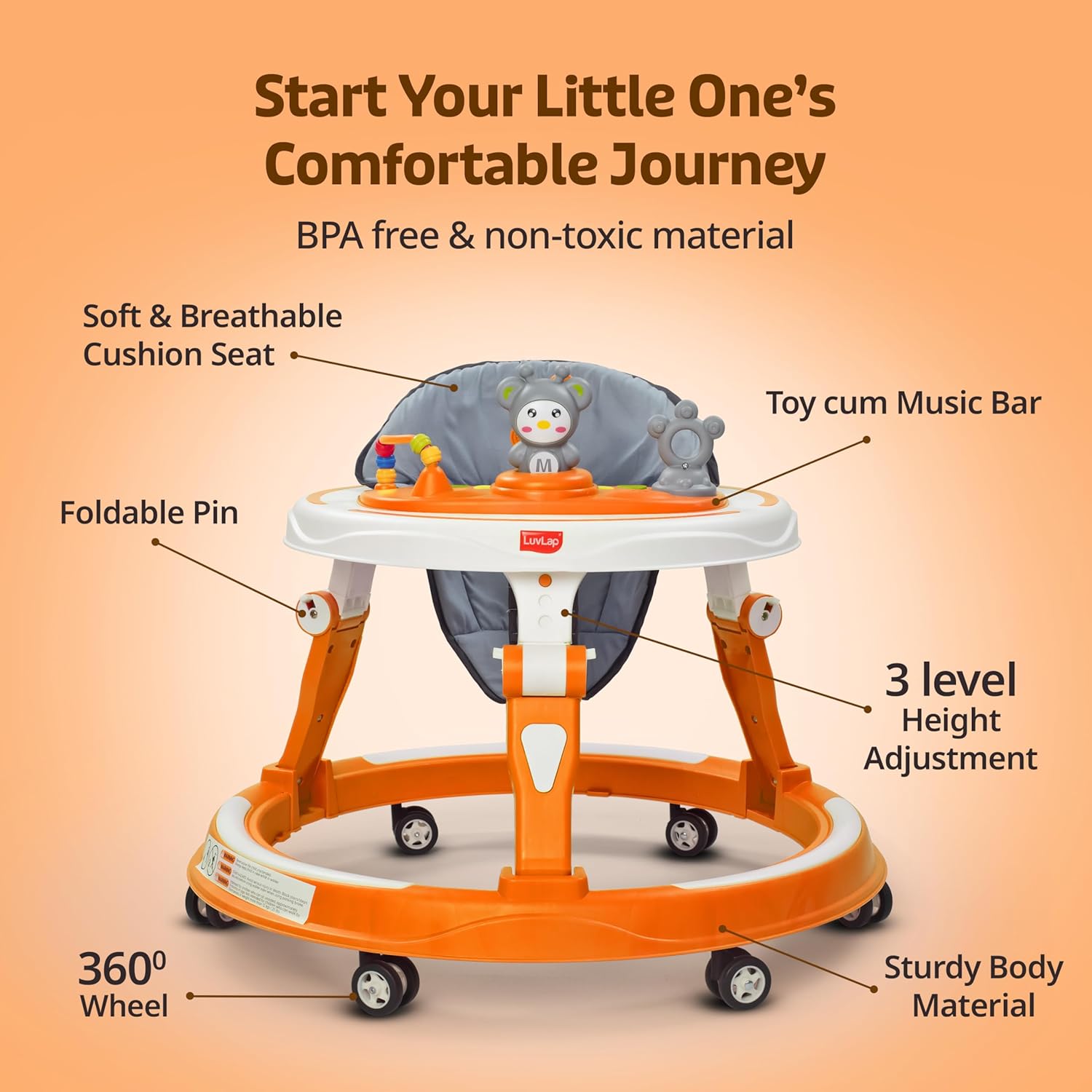 LuvLap 360° Joy orange and white baby walker for infants 9+ months, featuring a gray padded seat and interactive toys. www.usmile.toys