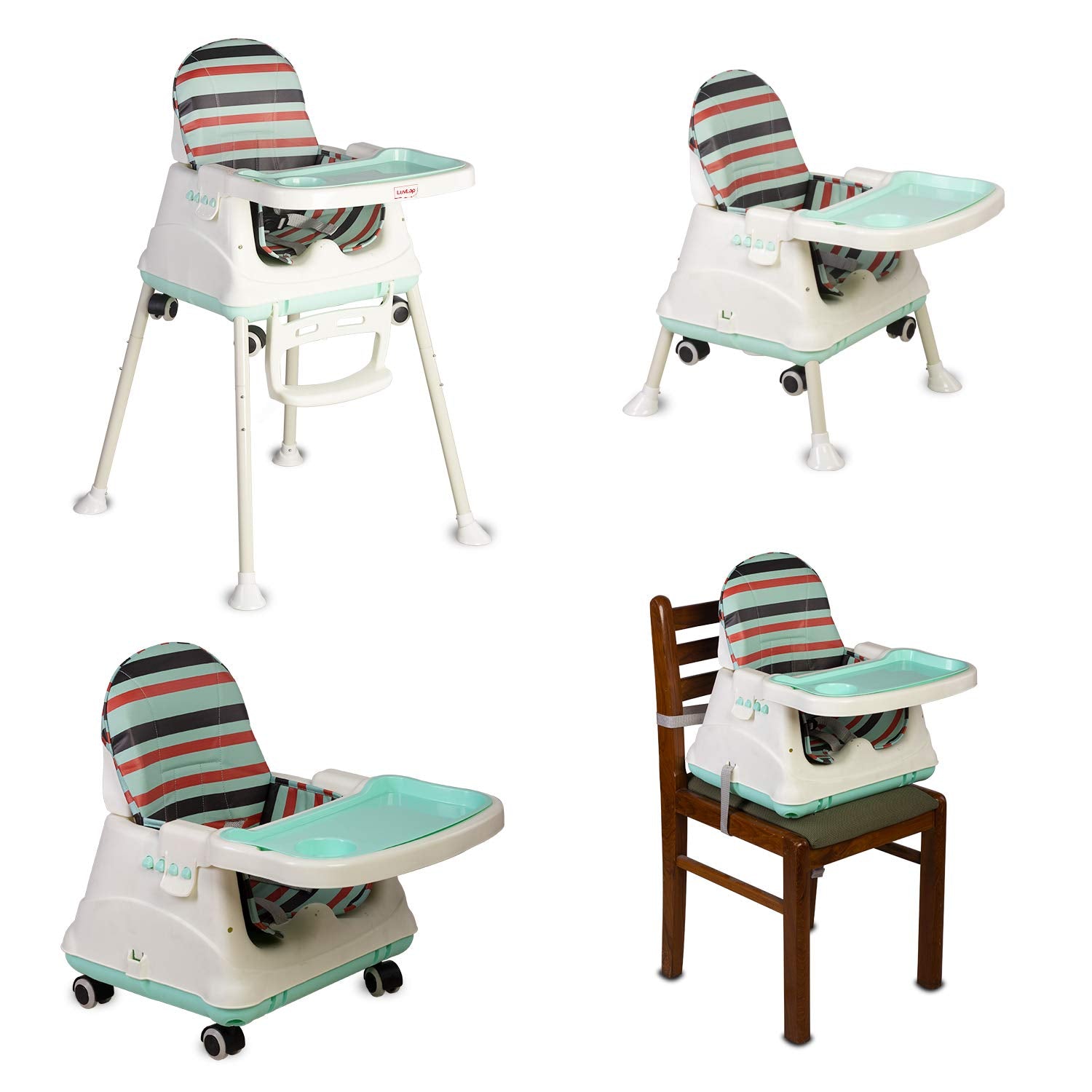 LuvLap 3-in-1 baby high chair, convertible to a toddler feeding booster seat with wheels and a low chair, paired with two LuvLap bed rail guards for baby and kids' safety, one purple with animal print and one green with circus theme. Perfect for usmile.toys. www.usmile.toys