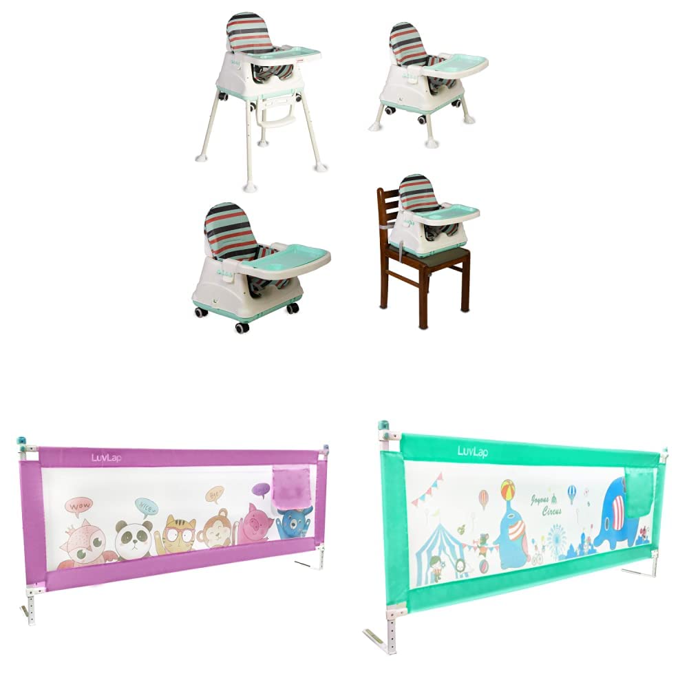  LuvLap 3-in-1 baby high chair, convertible to a toddler feeding booster seat with wheels and a low chair, paired with two LuvLap bed rail guards for baby and kids' safety, one purple with animal print and one green with circus theme. Perfect for usmile.toys. www.usmile.toys