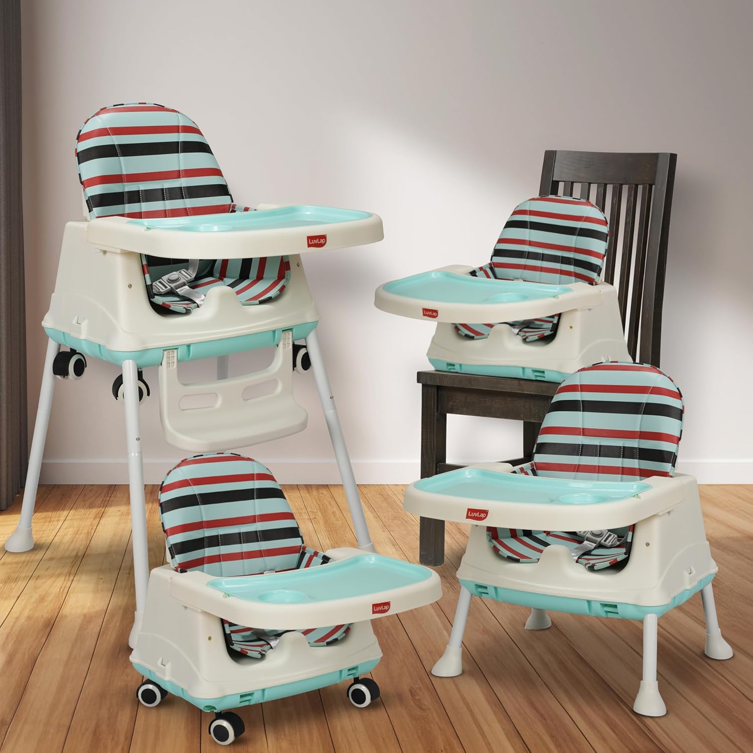 LuvLap multifunctional high chair for baby and kids, offering 4-in-1 use with 3 height adjustments, removable cushion, and wheels. Perfect for toddler feeding from 6 months to 3 years. www.usmile.toys