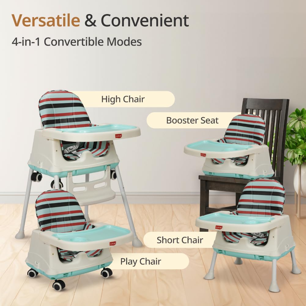 LuvLap multifunctional high chair for baby and kids, offering 4-in-1 use with 3 height adjustments, removable cushion, and wheels. Perfect for toddler feeding from 6 months to 3 years. www.usmile.toys