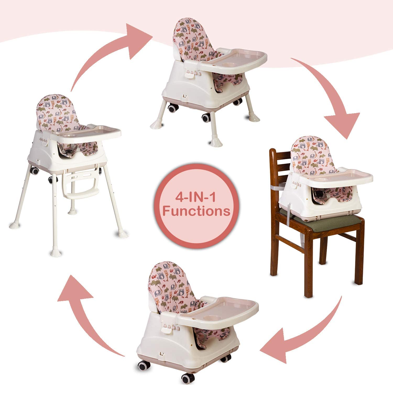 LuvLap 4-in-1 baby high chair and booster seat with wheels and cushion, 6 months to 3 years. www.usmile.toys