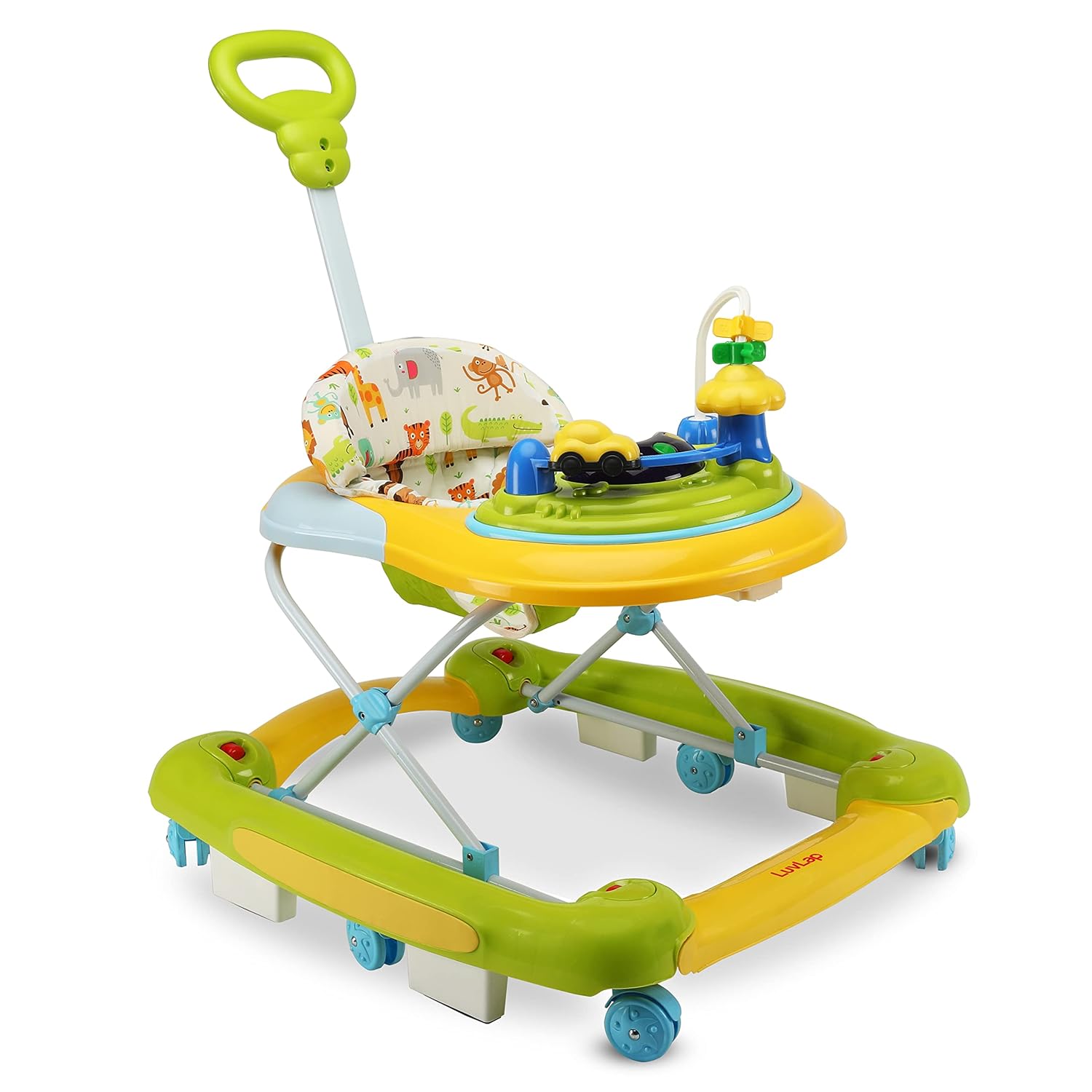 LuvLap Comfy yellow and green baby walker with an adjustable handle, musical toys, and anti-fall, anti-skid safety features for infants www.usmile.toys