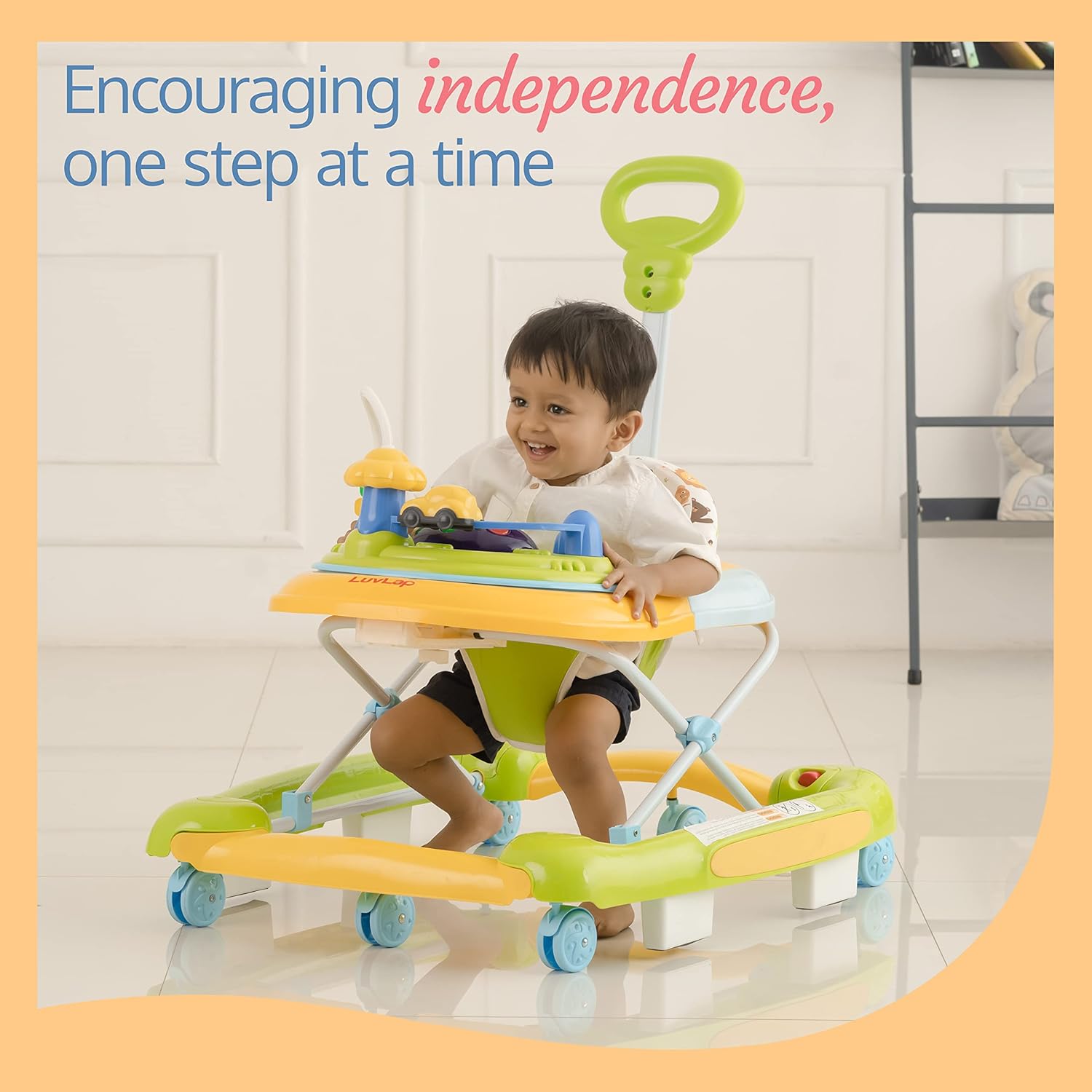 LuvLap Comfy yellow and green baby walker with an adjustable handle, musical toys, and anti-fall, anti-skid safety features for infants www.usmile.toys