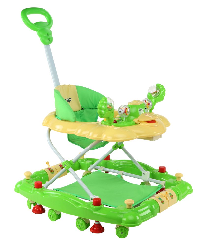 LuvLap Comfy 2-in-1 baby walker and rocker in bright green and yellow, featuring a high back seat and interactive activity tray. www.usmile.toys