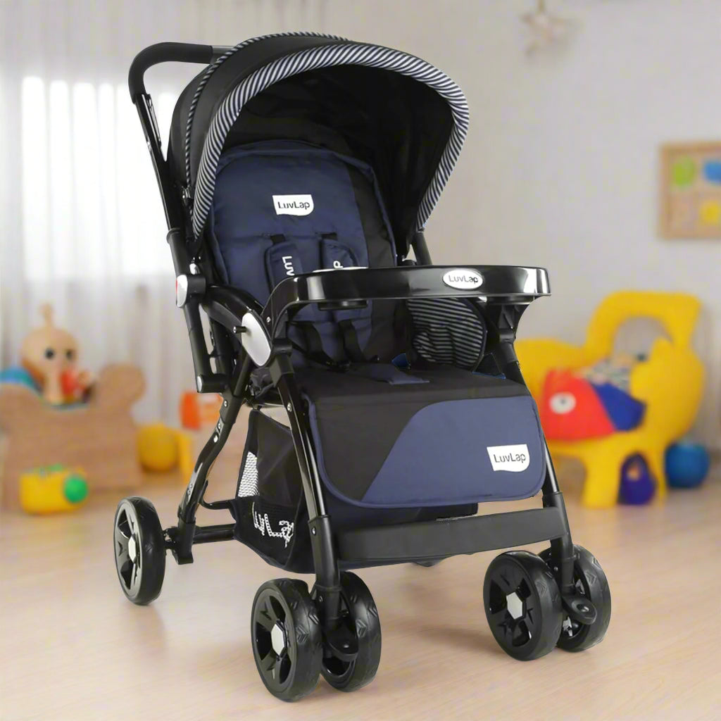 LuvLap Galaxy Baby Stroller in navy blue and black with a striped canopy lining, featuring a 5-point safety harness, adjustable seat, and large storage basket. A secure and comfortable pram for infants and toddlers on usmile.toys. www.usmile.toys