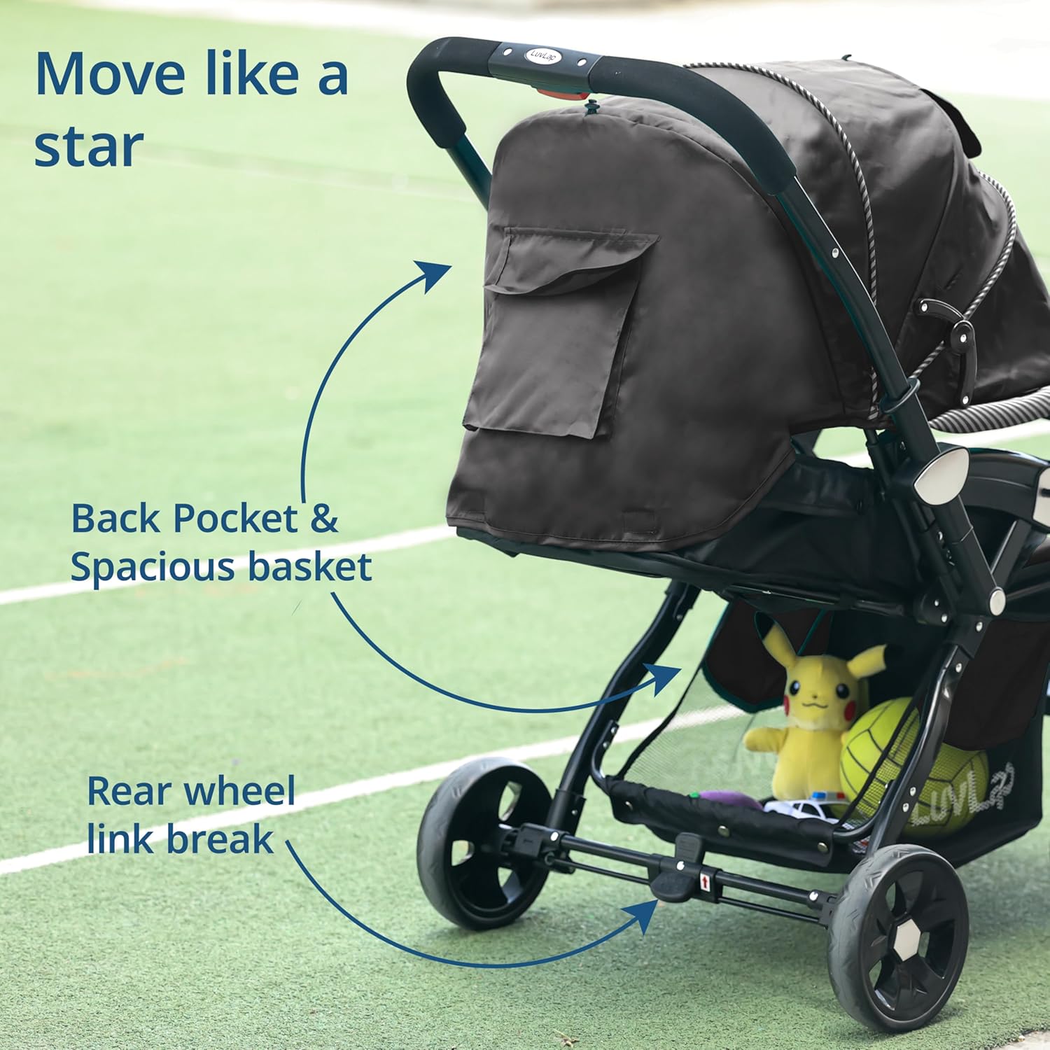  LuvLap Galaxy pram for baby with a robust 5-point safety harness, deep blue fabric, and comfortable design, ideal for safe and smooth rides for infants and young children. www.usmile.toys
