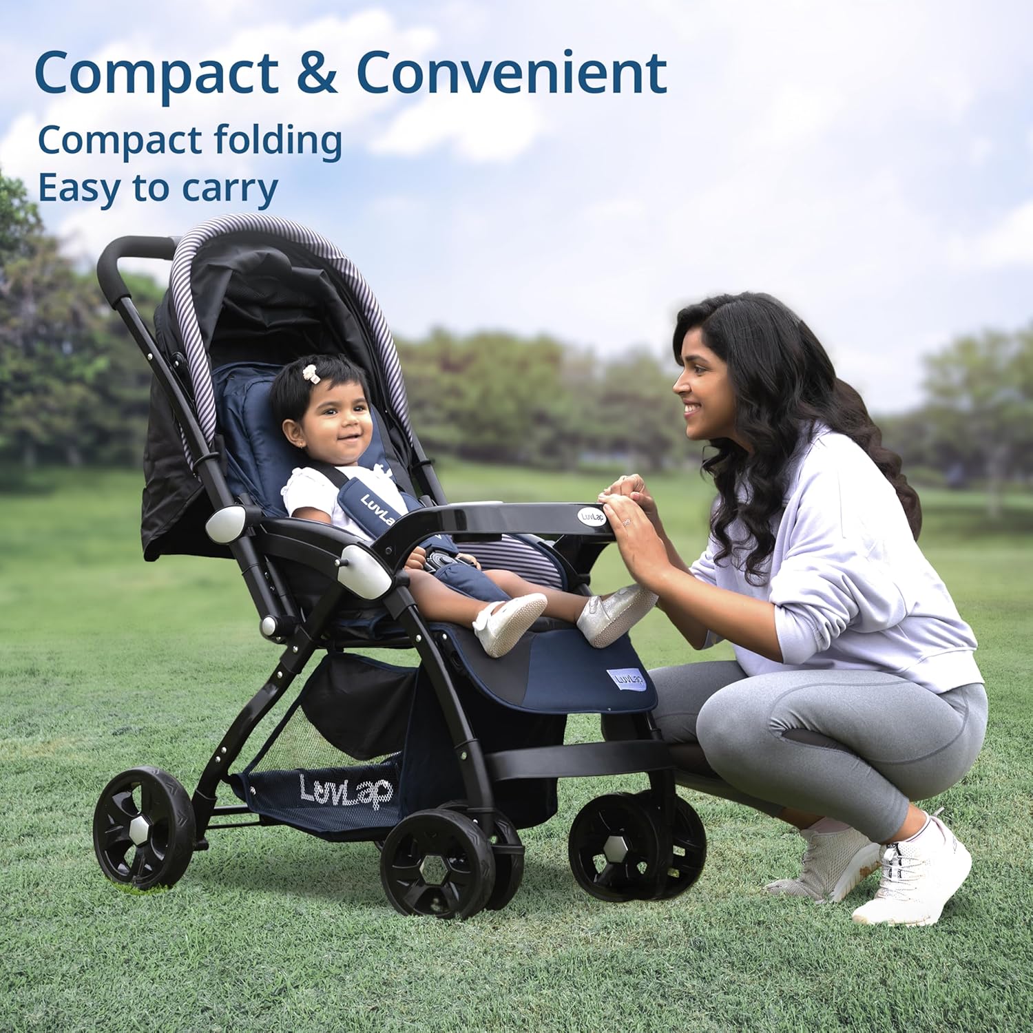 LuvLap Galaxy navy blue baby stroller with 5-point safety harness. www.usmile.toys
