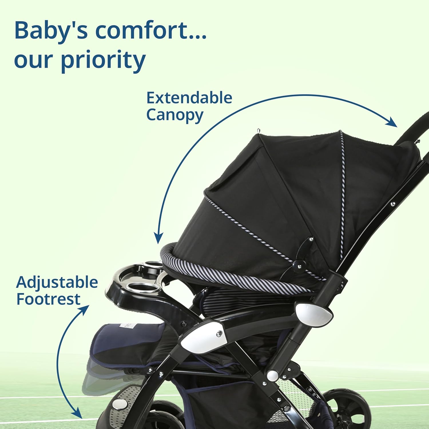 LuvLap Galaxy Baby Stroller in navy blue and black with a striped canopy lining, featuring a 5-point safety harness, adjustable seat, and large storage basket. A secure and comfortable pram for infants and toddlers on usmile.toys. www.usmile.toys