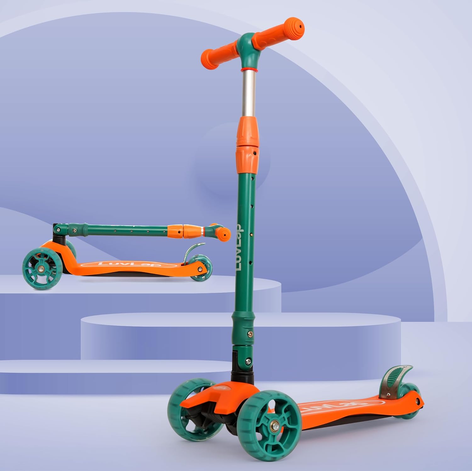Orange and green LuvLap Joy 3-Wheel Kick Scooter for toddlers and kids, featuring exciting LED lights on the wheels for fun outdoor play and improved balance. Usmile Toys.