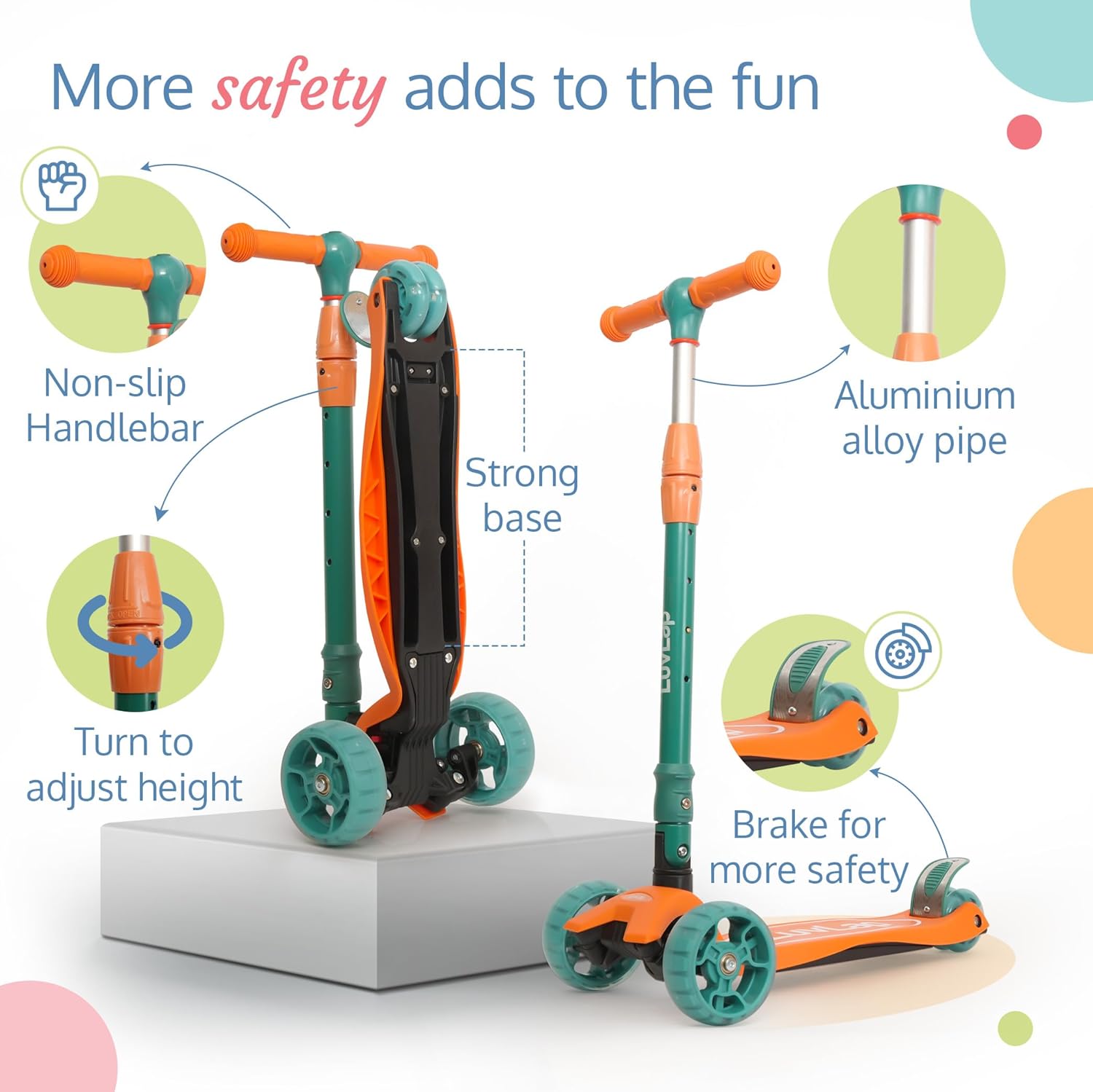 Orange and green LuvLap Joy 3-Wheel Kick Scooter for toddlers and kids, featuring exciting LED lights on the wheels for fun outdoor play and improved balance. Usmile Toys." www.usmile.toys